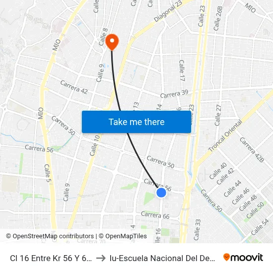 Cl 16 Entre Kr 56 Y 65_1 to Iu-Escuela Nacional Del Deporte map