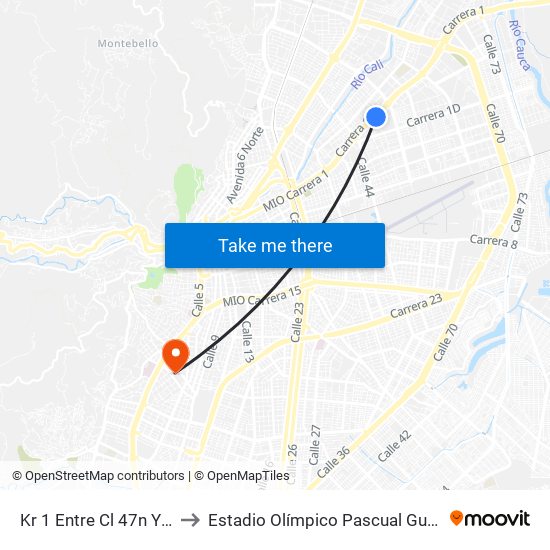 Kr 1 Entre Cl 47n Y 50n to Estadio Olímpico Pascual Guerrero map