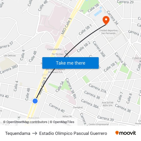 Tequendama to Estadio Olímpico Pascual Guerrero map