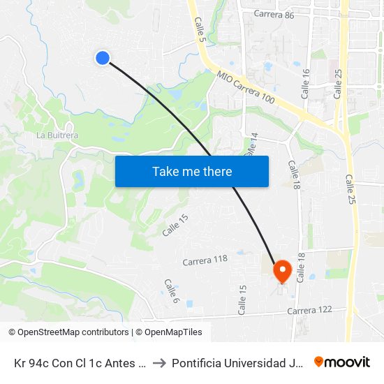 Kr 94c Con Cl 1c Antes De La Y to Pontificia Universidad Javeriana map