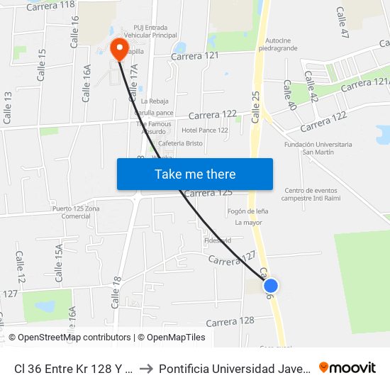 Cl 36 Entre Kr 128 Y 127 to Pontificia Universidad Javeriana map