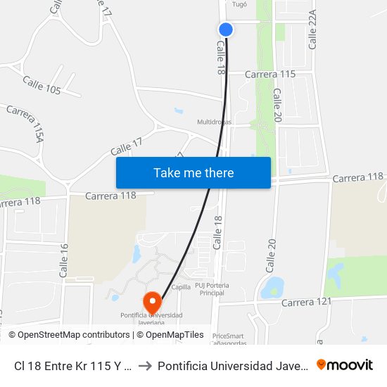 Cl 18 Entre Kr 115 Y 111 to Pontificia Universidad Javeriana map