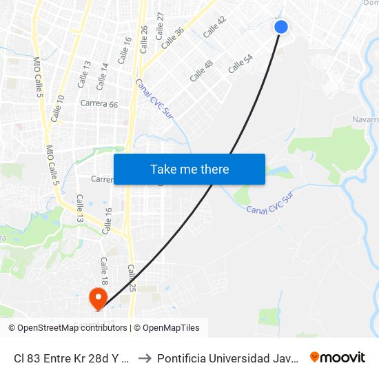 Cl 83 Entre Kr 28d Y Cl 82 to Pontificia Universidad Javeriana map