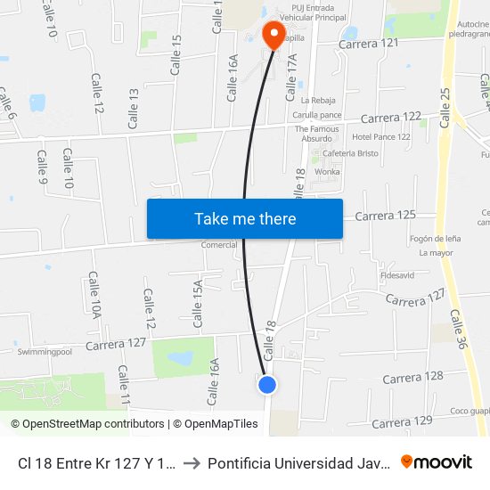 Cl 18 Entre Kr 127 Y 130_1 to Pontificia Universidad Javeriana map