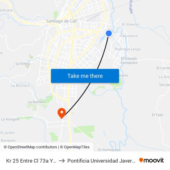 Kr 25 Entre Cl 73a Y 74 to Pontificia Universidad Javeriana map