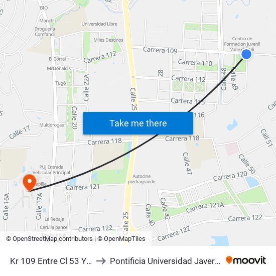 Kr 109 Entre Cl 53 Y 48 to Pontificia Universidad Javeriana map