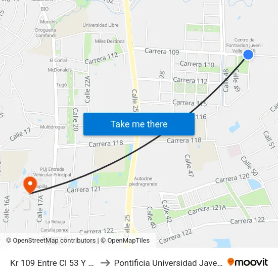 Kr 109 Entre Cl 53 Y 48_2 to Pontificia Universidad Javeriana map