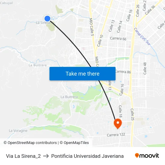 Via La Sirena_2 to Pontificia Universidad Javeriana map