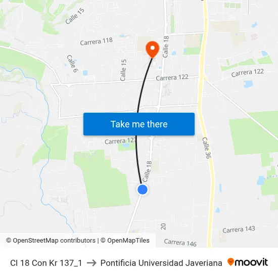 Cl 18 Con Kr 137_1 to Pontificia Universidad Javeriana map