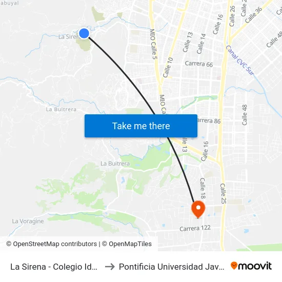 La Sirena - Colegio Ideas_2 to Pontificia Universidad Javeriana map