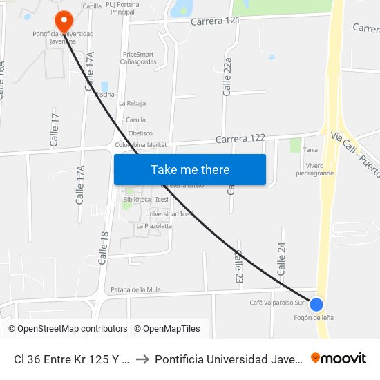 Cl 36 Entre Kr 125 Y 127 to Pontificia Universidad Javeriana map