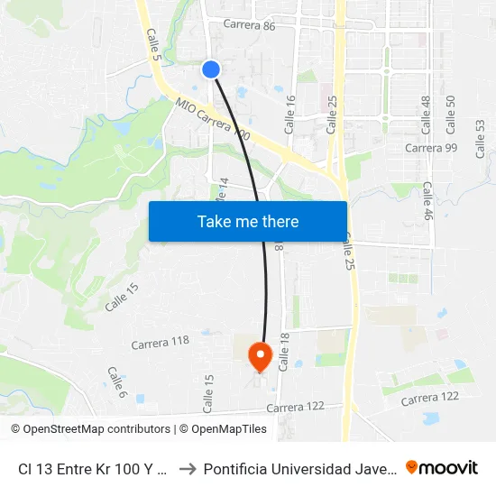 Cl 13 Entre Kr 100 Y 86_2 to Pontificia Universidad Javeriana map