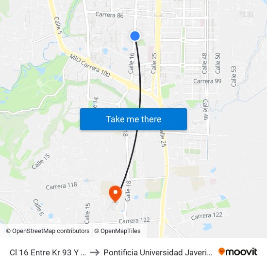 Cl 16 Entre Kr 93 Y 92 to Pontificia Universidad Javeriana map