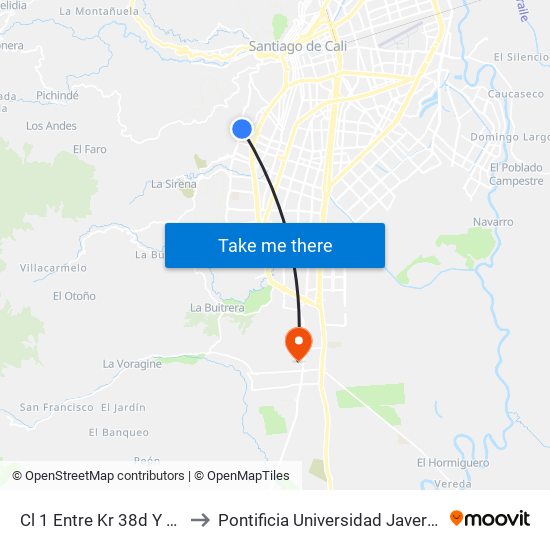 Cl 1 Entre Kr 38d Y 38c to Pontificia Universidad Javeriana map