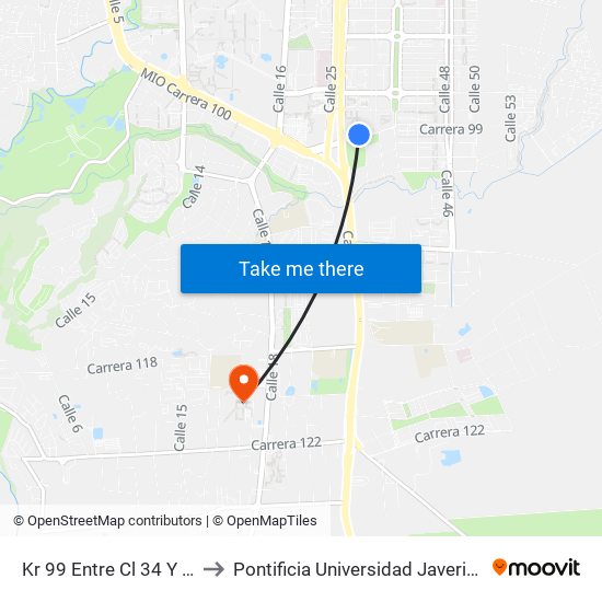 Kr 99 Entre Cl 34 Y 25 to Pontificia Universidad Javeriana map