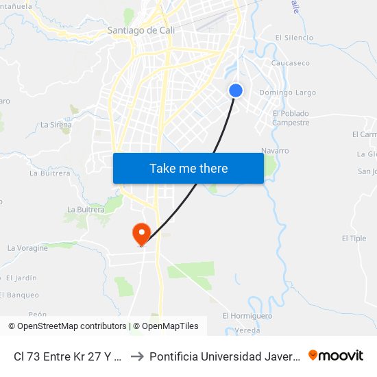 Cl 73 Entre Kr 27 Y 26u to Pontificia Universidad Javeriana map