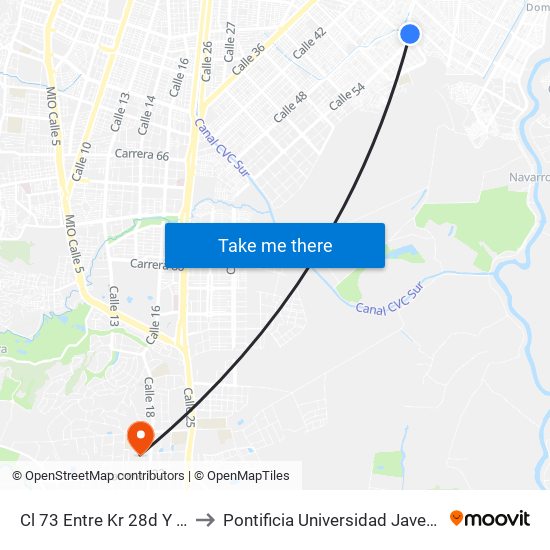 Cl 73 Entre Kr 28d Y 28c to Pontificia Universidad Javeriana map