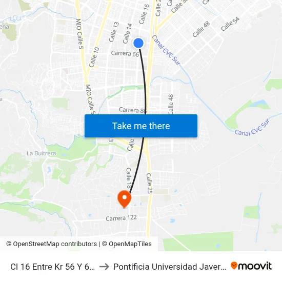 Cl 16 Entre Kr 56 Y 65_1 to Pontificia Universidad Javeriana map