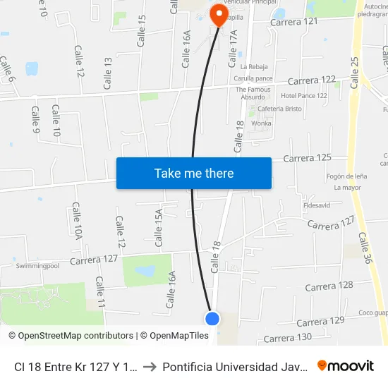 Cl 18 Entre Kr 127 Y 130_2 to Pontificia Universidad Javeriana map