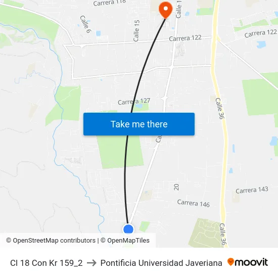 Cl 18 Con Kr 159_2 to Pontificia Universidad Javeriana map