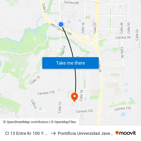 Cl 13 Entre Kr 100 Y 86_1 to Pontificia Universidad Javeriana map