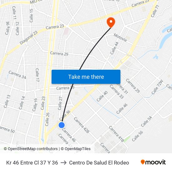 Kr 46 Entre Cl 37 Y 36 to Centro De Salud El Rodeo map