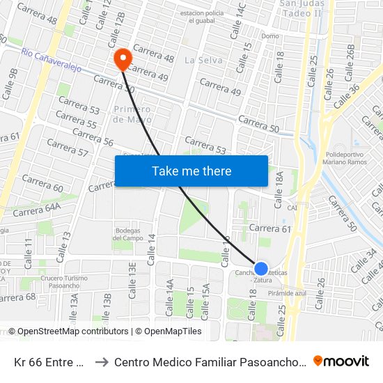 Kr 66 Entre Cl 25 Y 18 to Centro Medico Familiar Pasoancho Cruz Blanca Eps S.A. map