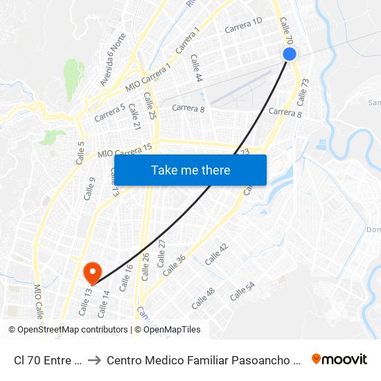 Cl 70 Entre Kr 5 Y 7 to Centro Medico Familiar Pasoancho Cruz Blanca Eps S.A. map