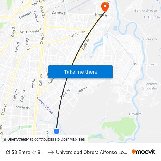 Cl 53 Entre Kr 83e Y 83c to Universidad Obrera Alfonso Lopez Pumarejo map