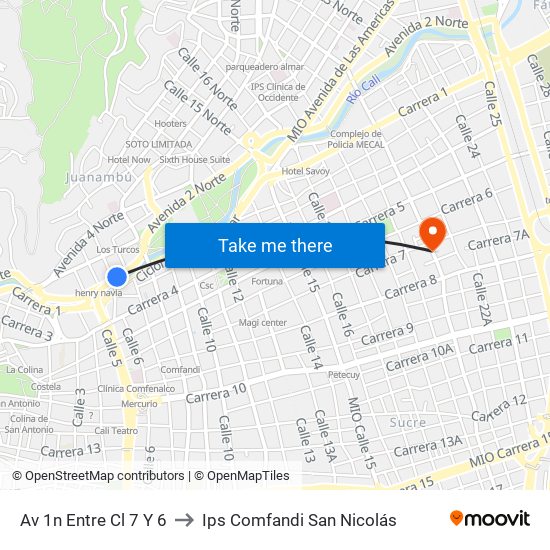 Av 1n Entre Cl 7 Y 6 to Ips Comfandi San Nicolás map