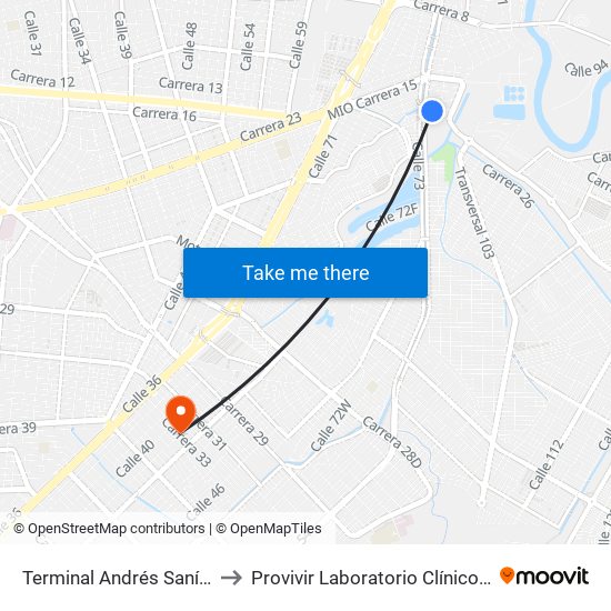 Terminal Andrés Sanín C4 to Provivir Laboratorio Clínico No.3 map