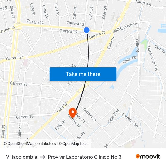 Villacolombia to Provivir Laboratorio Clínico No.3 map