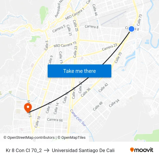 Kr 8 Con Cl 70_2 to Universidad Santiago De Cali map