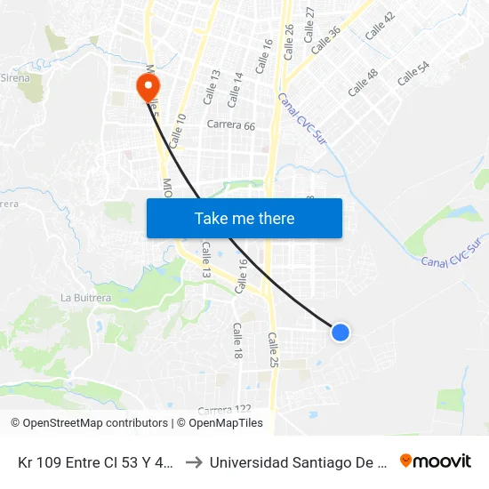 Kr 109 Entre Cl 53 Y 48_1 to Universidad Santiago De Cali map