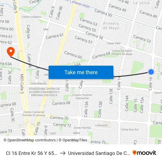 Cl 16 Entre Kr 56 Y 65_2 to Universidad Santiago De Cali map