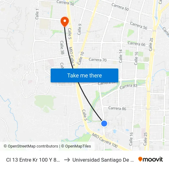 Cl 13 Entre Kr 100 Y 86_2 to Universidad Santiago De Cali map