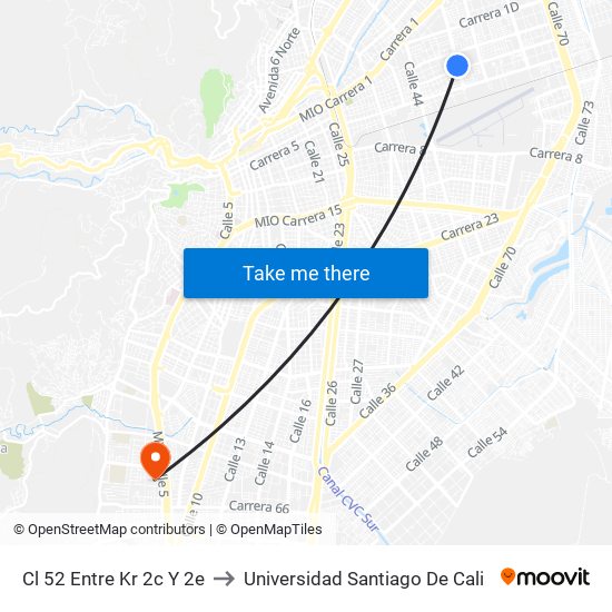 Cl 52 Entre Kr 2c Y 2e to Universidad Santiago De Cali map