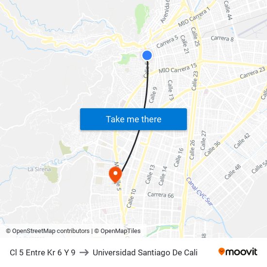 Cl 5 Entre Kr 6 Y 9 to Universidad Santiago De Cali map