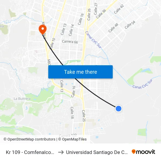 Kr 109 - Comfenalco_2 to Universidad Santiago De Cali map