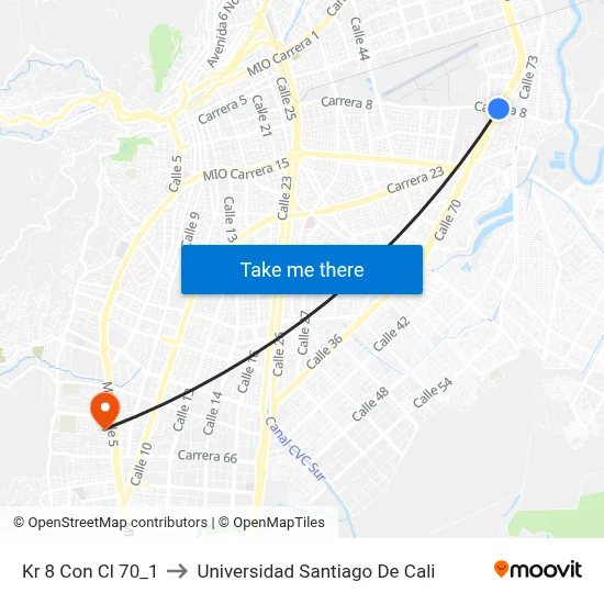 Kr 8 Con Cl 70_1 to Universidad Santiago De Cali map