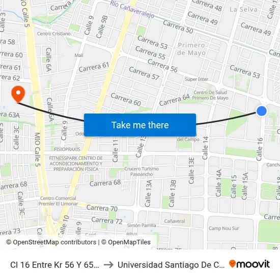Cl 16 Entre Kr 56 Y 65_1 to Universidad Santiago De Cali map