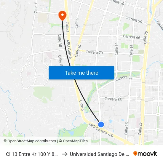 Cl 13 Entre Kr 100 Y 86_1 to Universidad Santiago De Cali map