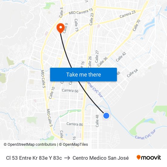 Cl 53 Entre Kr 83e Y 83c to Centro Medico San José map