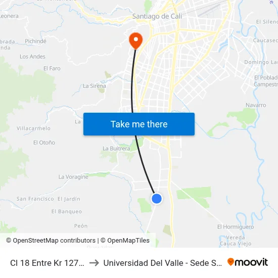 Cl 18 Entre Kr 127 Y 130_1 to Universidad Del Valle - Sede San Fernando map
