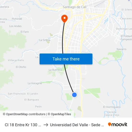 Cl 18 Entre Kr 130 Y 127c_1 to Universidad Del Valle - Sede San Fernando map