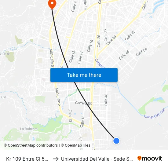 Kr 109 Entre Cl 53 Y 48_1 to Universidad Del Valle - Sede San Fernando map