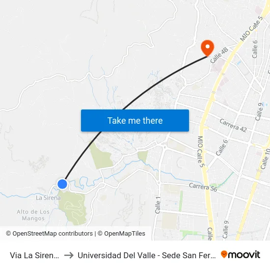Via La Sirena_1 to Universidad Del Valle - Sede San Fernando map
