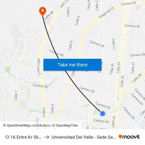 Cl 16 Entre Kr 56 Y 65_2 to Universidad Del Valle - Sede San Fernando map