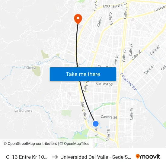 Cl 13 Entre Kr 100 Y 86_2 to Universidad Del Valle - Sede San Fernando map