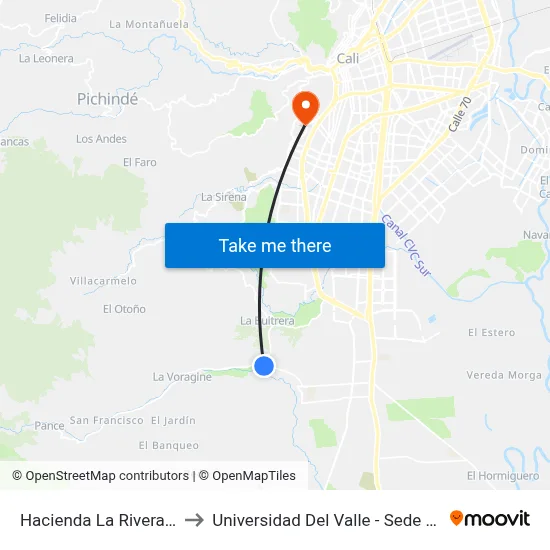 Hacienda La Rivera Emcali_1 to Universidad Del Valle - Sede San Fernando map